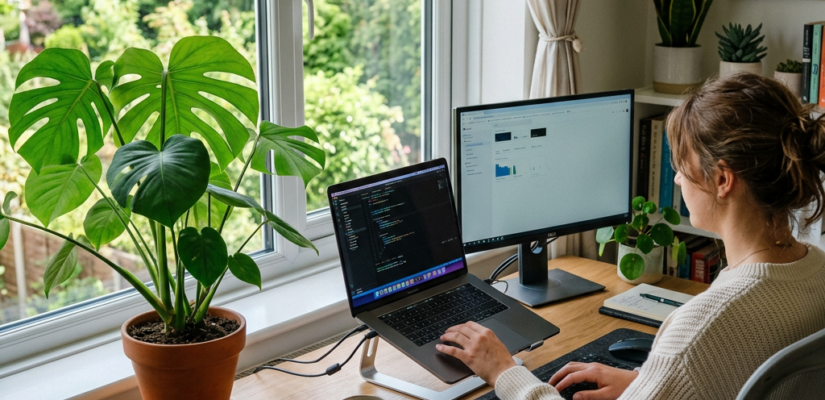 Person typing on laptop with dual monitors and indoor plants on desk