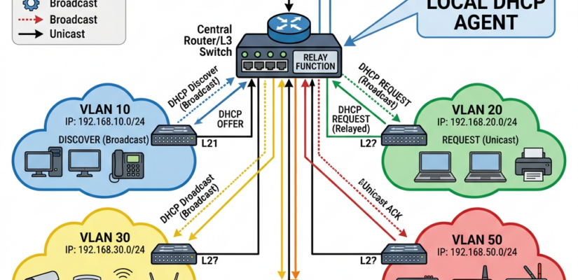 Network diagram showing DHCP communication between clients on five VLANs and a central server via a local DHCP agent relay.
