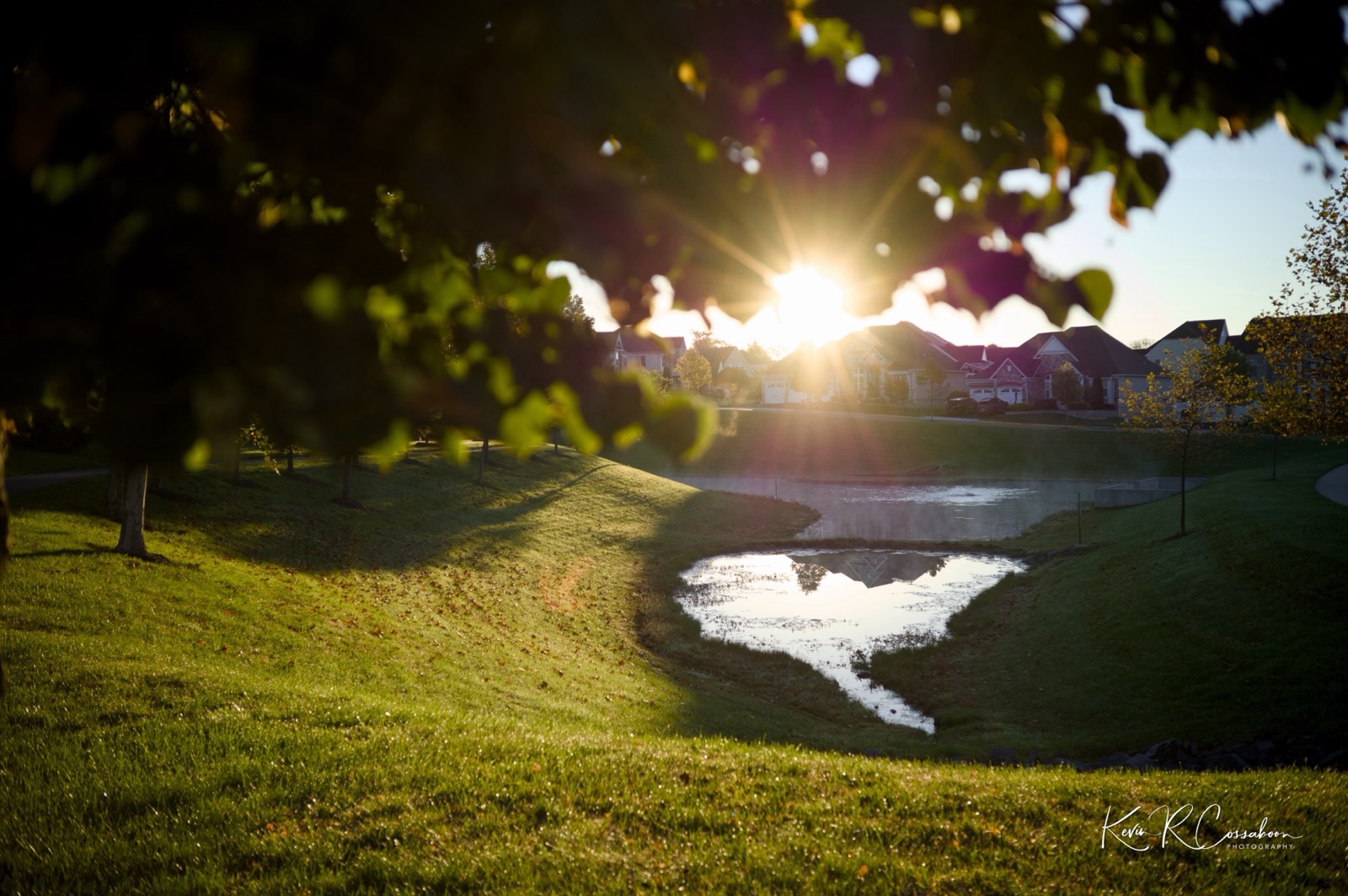 Sunrise starburst over a pond and houses
