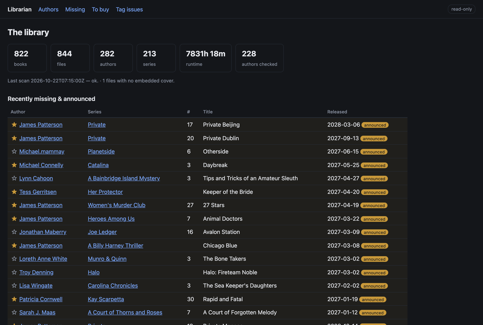 Audiobook Librarian home page with library totals and a list of missing and announced books