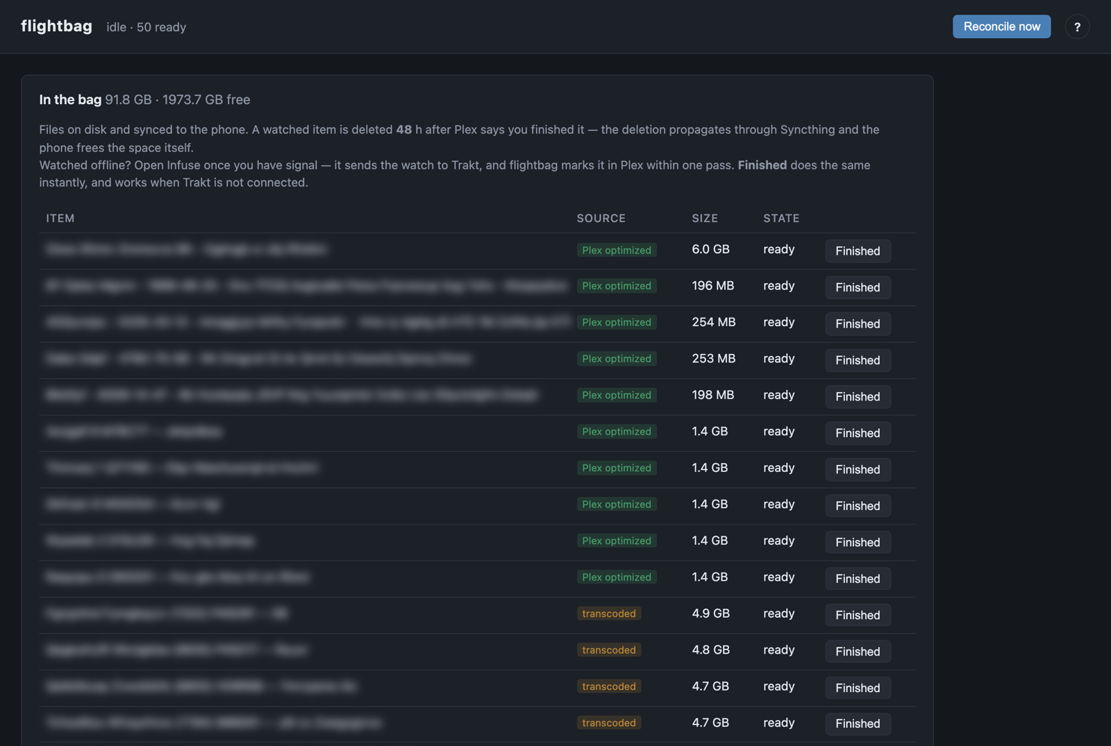 flightbag page listing movies and episodes in the bag with size, state and a Finished button
