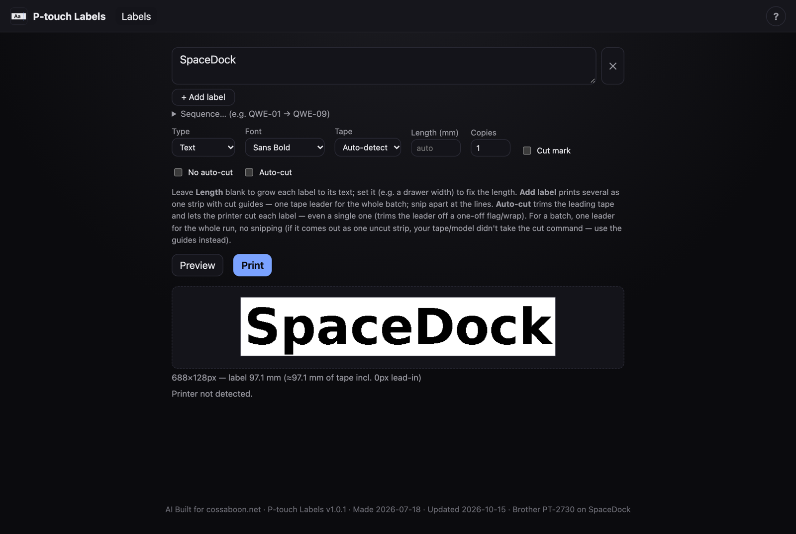 P-touch Labels web app with a SpaceDock label preview and print options